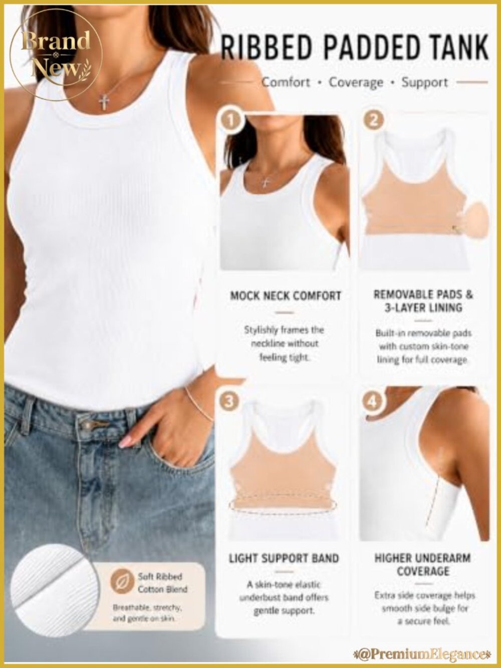 Built-in Bra Racerback Cotton Rib Tank Top - Picture 5 of 6